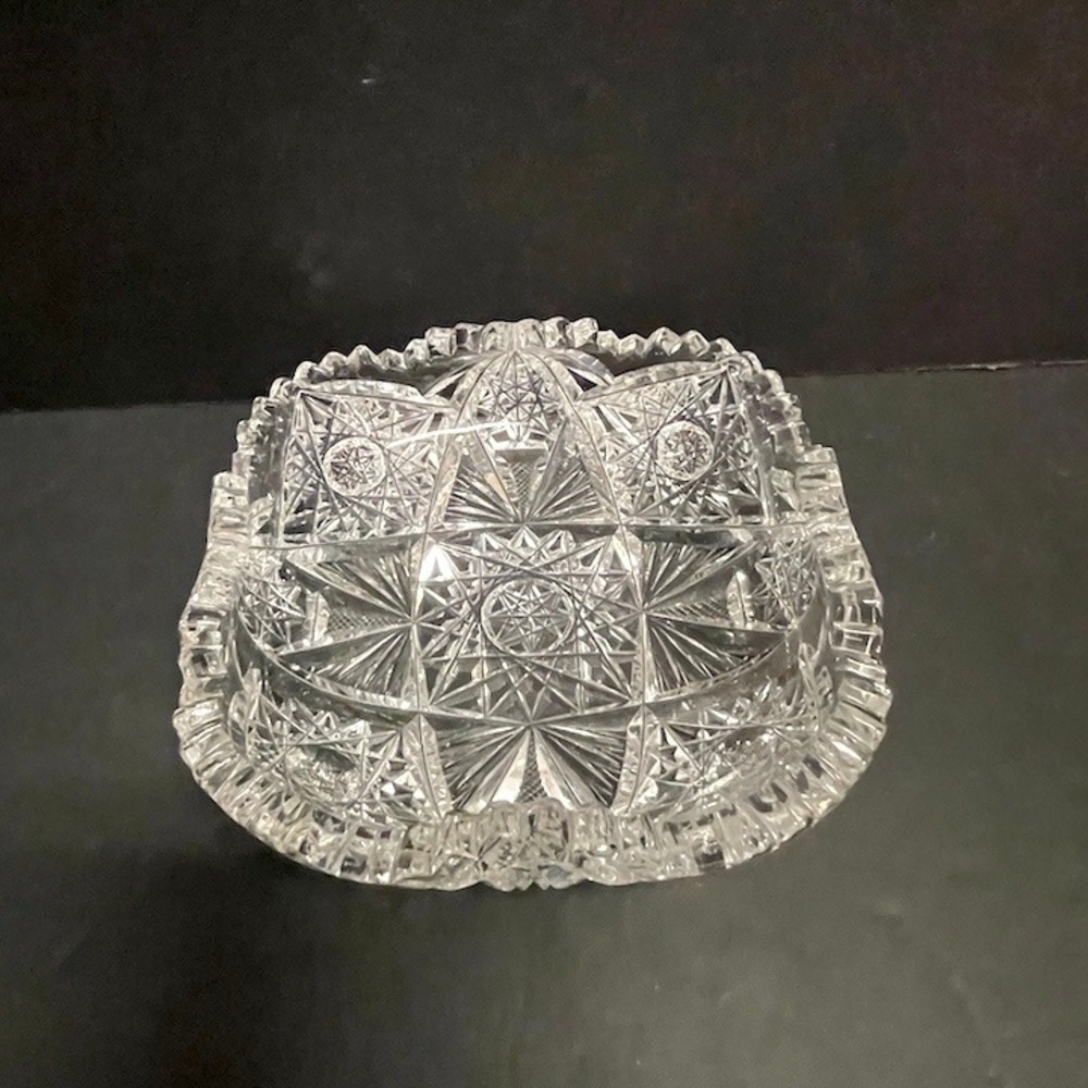 Vintage Heavy Cut Crystal Cigar Ashtray Starburst Hobstar Sawtooth Rim